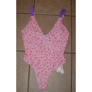 NEW Pink Floral Purple Straps Removable Pads Sz Large 1 Pc Swimsuit BRAZILIAN
